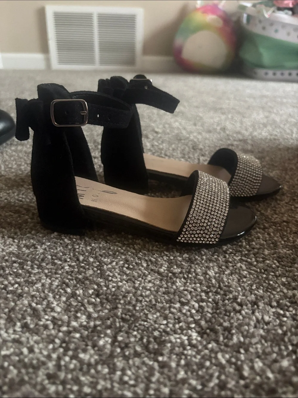 Mix No. 6 Black Ankle Strap Block Heel Sandals with Rhinestone Band